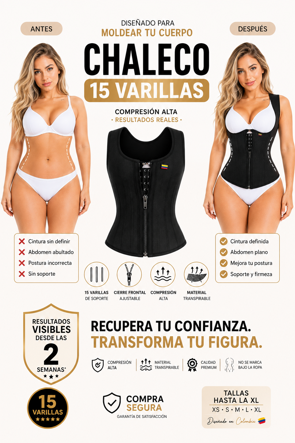 Chaleco Colombiano 15 Varillas – Soporte de Espalda y Abdomen